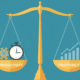 A scale balancing “productivity” (gears, stopwatch) on one side and “profitability” (dollar sign, graph) on the other