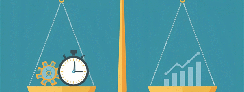 A scale balancing “productivity” (gears, stopwatch) on one side and “profitability” (dollar sign, graph) on the other