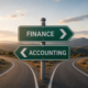 Fork in the road with a directional sign pointing left to “Accounting” and right to “Finance,” illustrating the different roles of accounting and finance in business decision-making.